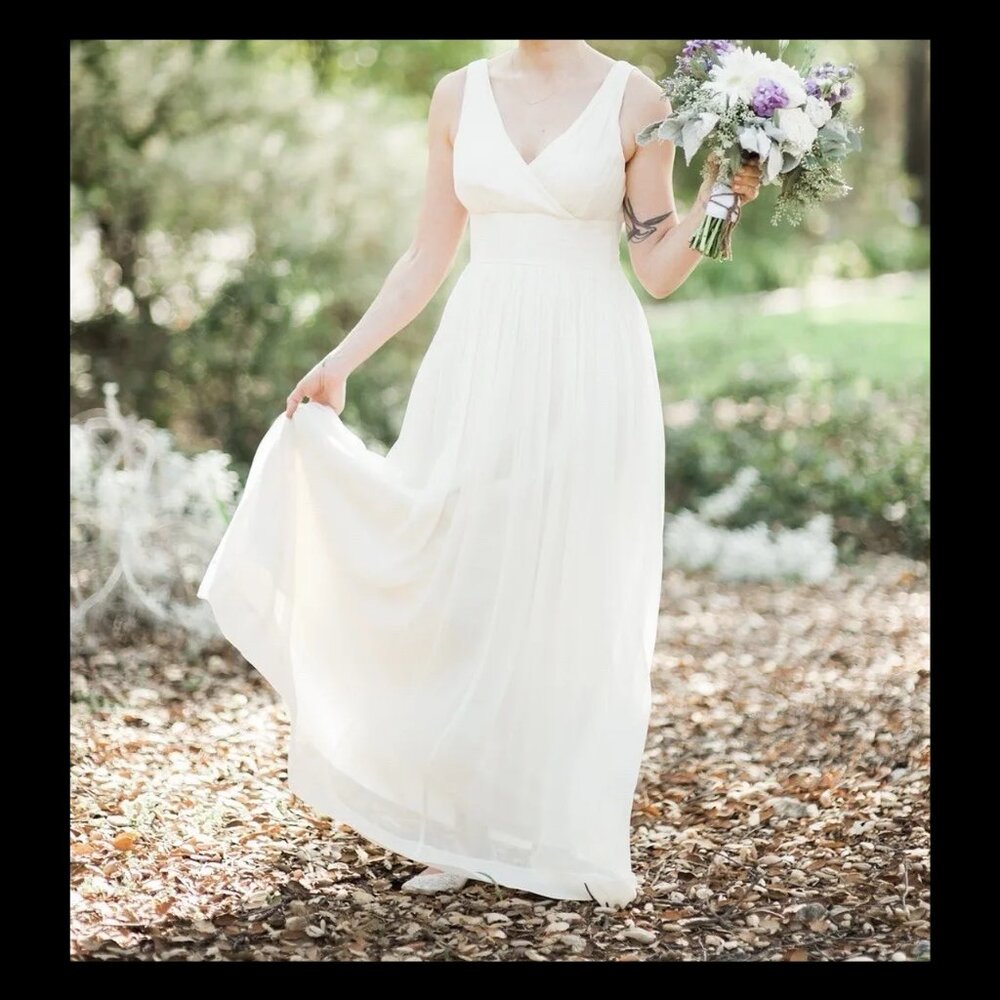 J.Crew Sophia Gown 100% Silk Chiffon Pleated Ivory Bridal Maxi Dress Lined Sz 12